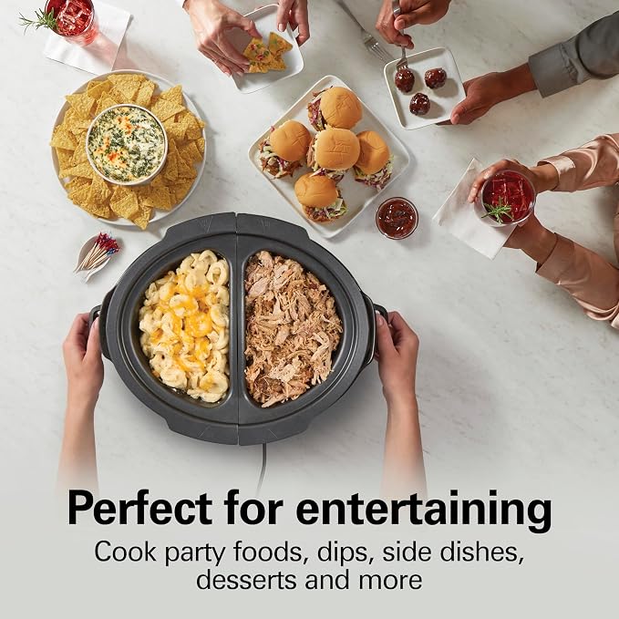 Hamilton Beach Double Dish Slow Cooker with 6qt Crock and Dual 2.5qt Nonstick Insert to Cook Two Meals at Once, Serves 7+ People, Dishwasher Safe Pot & Lid, Black (33569)