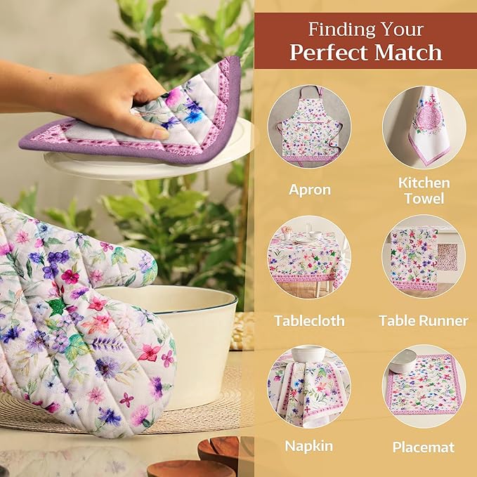 Maison d' Hermine 100% Cotton Oven Mitt & Pot Holder Set (7.5"x13" & 8"x8") Heat Resistant BBQ Cooking Gloves with Loop Baking Grilling Kitchen Gifts for Mothers Day Spring/Summer (Chardon)