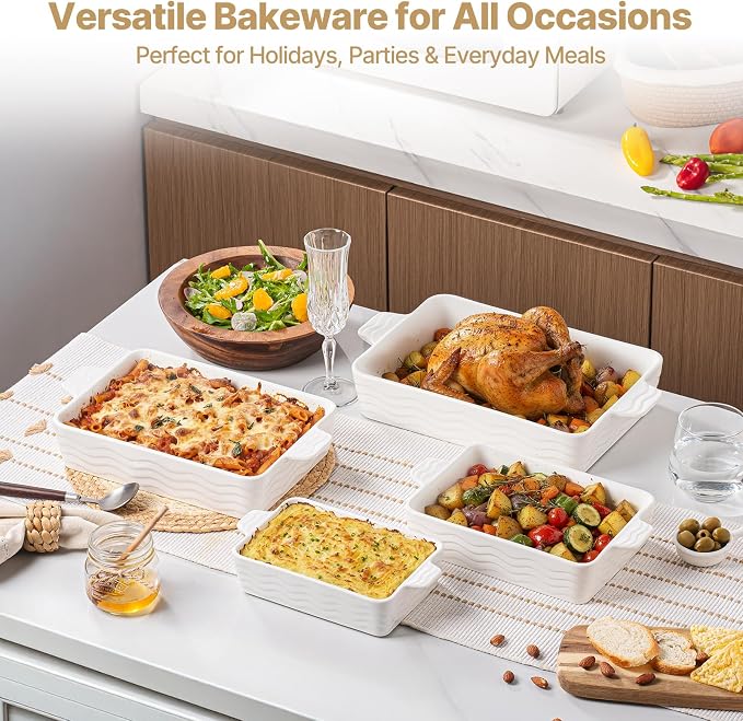 Estmoon Casserole Dishes for Oven, Ceramic Baking Dishes Set of 4, Porcelain Baking Pan with Handles, Rectangular Lasagna Pan for Baking, Wedding Gifts, Casserole, Kitchen, White(7.5''/9"/10.6"/12")