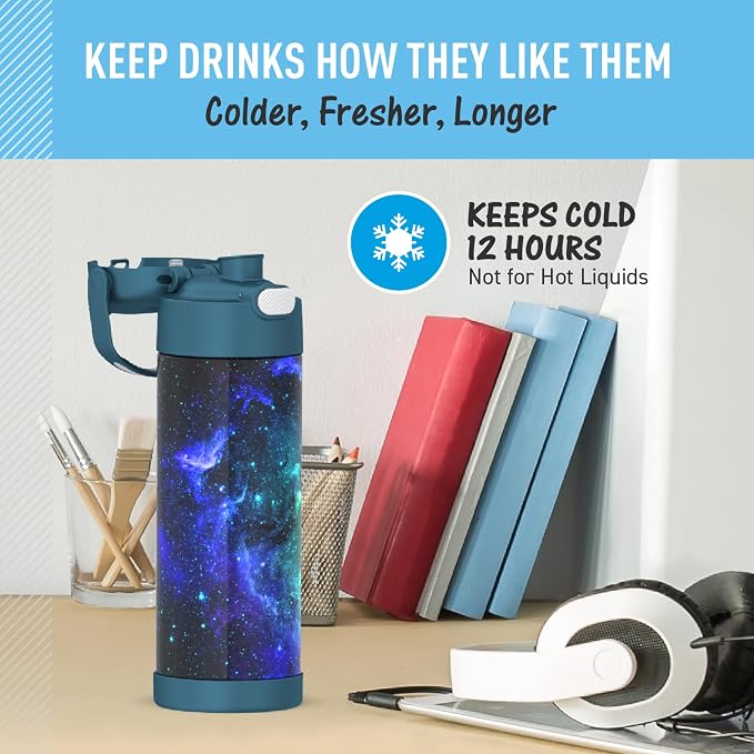 THERMOS FUNTAINER 16 Ounce Stainless Steel Vacuum Insulated Bottle with Wide Spout Lid, Galaxy Teal
