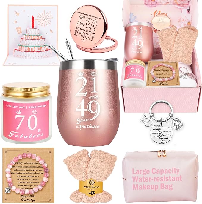 70th Birthday Gifts For Women - Happy Birthday Basket Box for Best Friends, Female Mom, Wife, Daughter, Sister, Girlfriend, Coworker, Bestie
