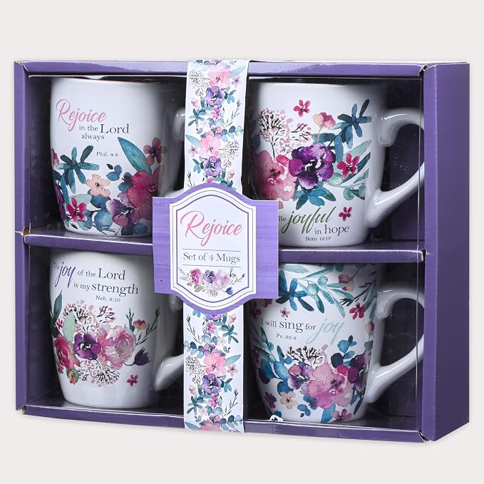 Christian Art Gifts Ceramic Coffee or Tea Mug Set for Women, Rejoice Watercolor Flowers Design Bible Verse Mug Set, Boxed Set of 4 Coffee Cups