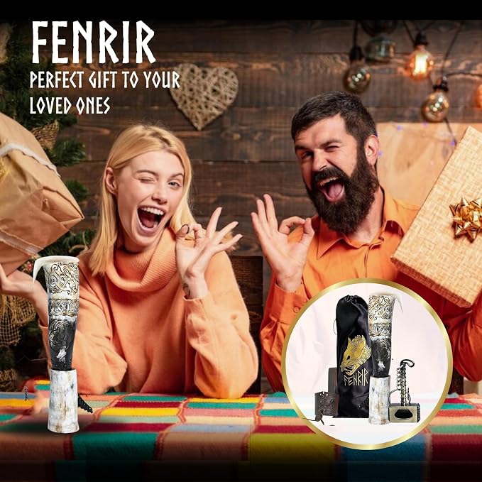 FENRIR Viking Drinking Horns With Stand Leather Hoster | Thor Bottle Opener | Norse Medieval Authentic Ox Horn for Ale, Mead, Whiskey | Unique Gifts for Men | 16-20 oz Triple Horn of Odin