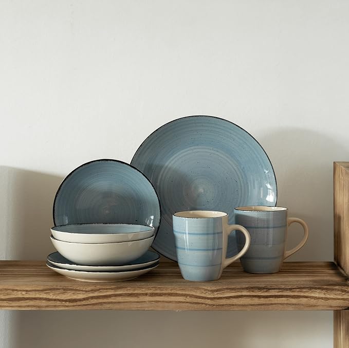 Rimmed Dinnerware Set | Mugs, Salad and Dinner Plates and Bowls Sets, Dishes with Highly Chip and Crack Resistant, Dishwasher and Microwave Safe (Blue, Service For 8)