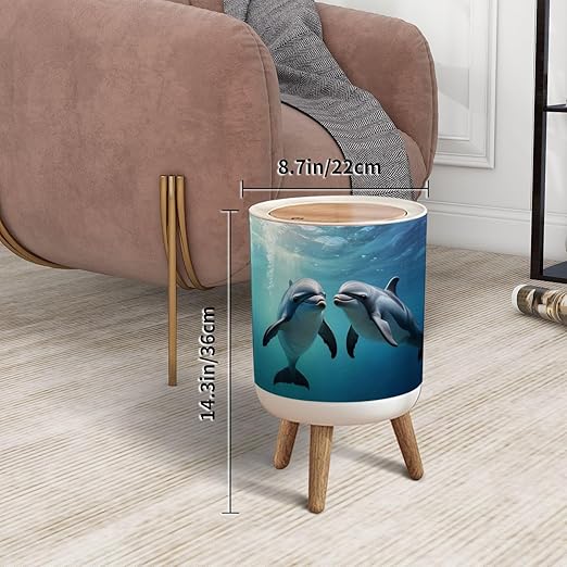 Trash Can with Lid Two Dolphins Happily Swimming Ocean Press Top Round Small Garbage Bin with Wooden Legs Waste Basket for Kitchen Bedroom Nursery 7L/1.8 Gallon