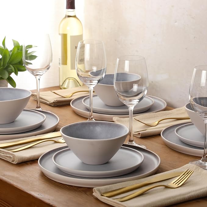 Gibson Elite Coastal Forest Plates and Bowls Sets, 12-Piece Stoneware Dinnerware Sets, Triple Reactive Glaze Dish Set - Light Grey and Cream White