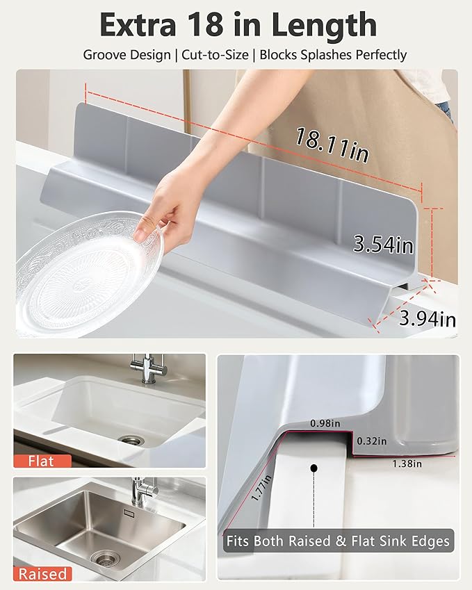 Kitchen Sink Splash Guard 18" 23" Self-Draining Silicone Water Guard with High Splash Wall & Strong Suction Cups for Faucet, Countertop & Sink Edge, Keeps Sinks Dry, Dishwasher Safe, Gray