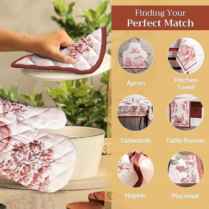 Maison d' Hermine Pot Holders Set 100% Cotton Heat Resistant Potholders 8" x 8" Hot Pads with Loop for Thanksgiving Christmas Decorations BBQ Baking Handling Hot Pans (Pack of 2, Holy Jouy - Red)