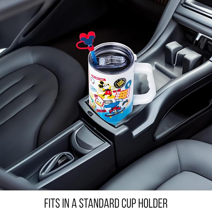 Silver Buffalo Disney Mickey and Friends Featuring Donald Duck, Daisy Duck, Minnie Mouse, Mickey Mouse, Goofy, and Pluto Stainless Steel Tumbler with Straw Cover, Lid, Straw, and Handle, 40 Ounces