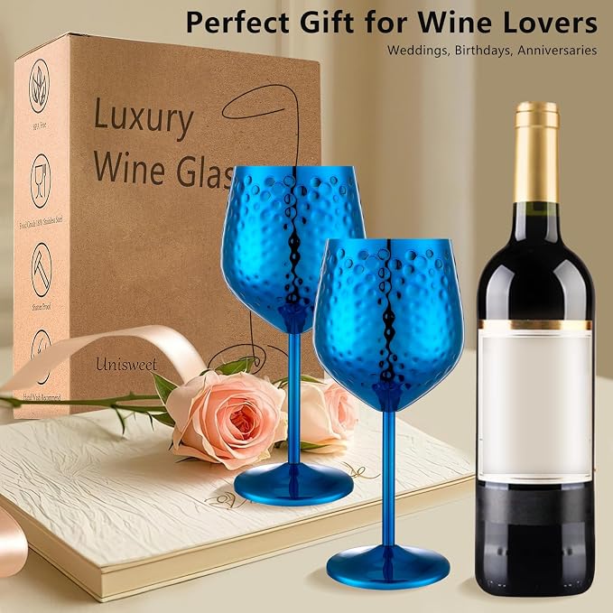 UNISWEET Stainless Steel Wine Glasses Set of 4 Unbreakable (Blue) | 17 oz Large-capacity Hammered Goblets, Lightweight & Reusable, Good for Outdoor, Camping, Pool Travel, Gift for Wine Lovers