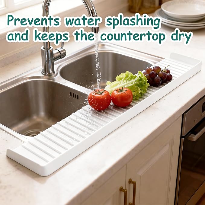 Silicone Sink Edge Protector Splash Guard, 20x4 Inch with Suction Cups & 5°Tilt, Cuttable for Kitchen Bathroom Countertops, Granite Quartz Surfaces (Transparency)