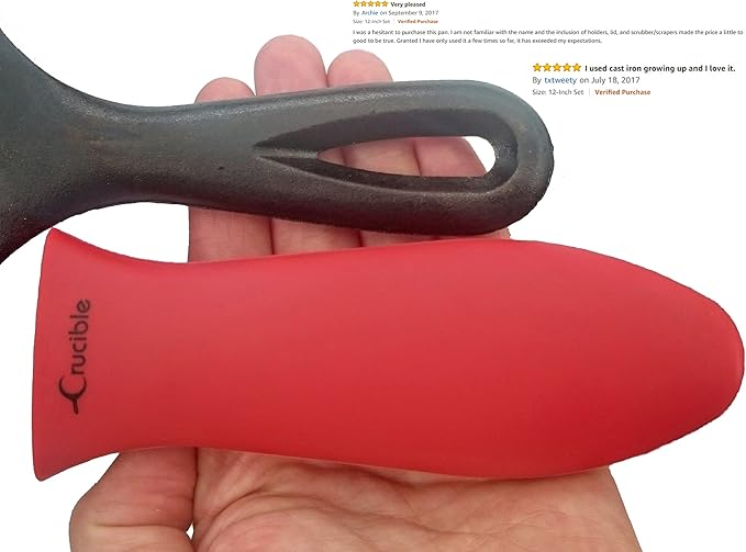 Crucible Cookware 12-Inch Cast Iron Skillet Set (Pre-Seasoned), Including Large & Assist Silicone Hot Handle Holders, Glass Lid, Cast Iron Cleaner Chainmail Scrubber, Scraper | Indoor & Outdoor Use