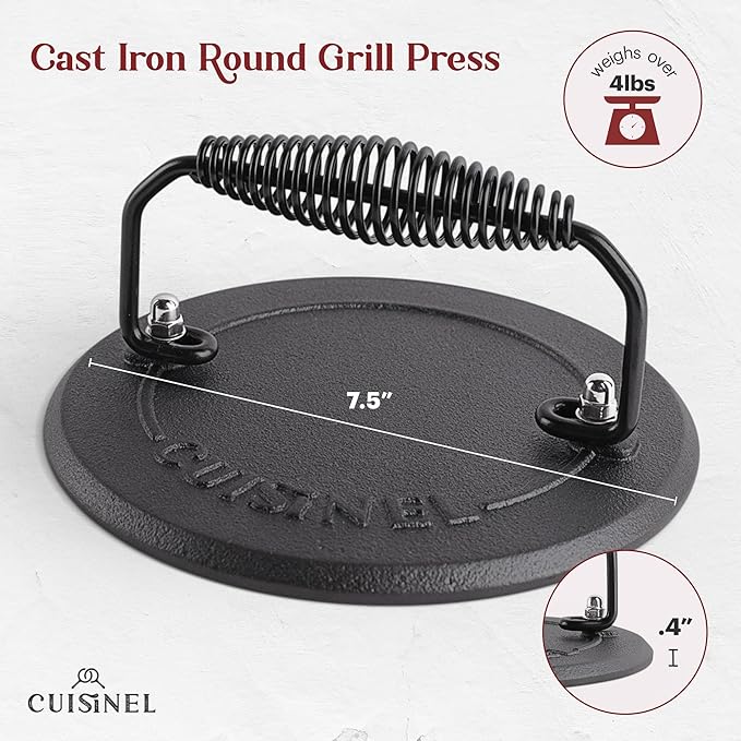 Cast Iron Skillet + Grill Press + Scraper Set - 12"-inch Pre-Seasoned Frying Pan + Silicone Handle Grip - 7" Round Burger Smasher - Indoor/Outdoor, Stove, Oven, Grill, Induction Kitchen Cookware