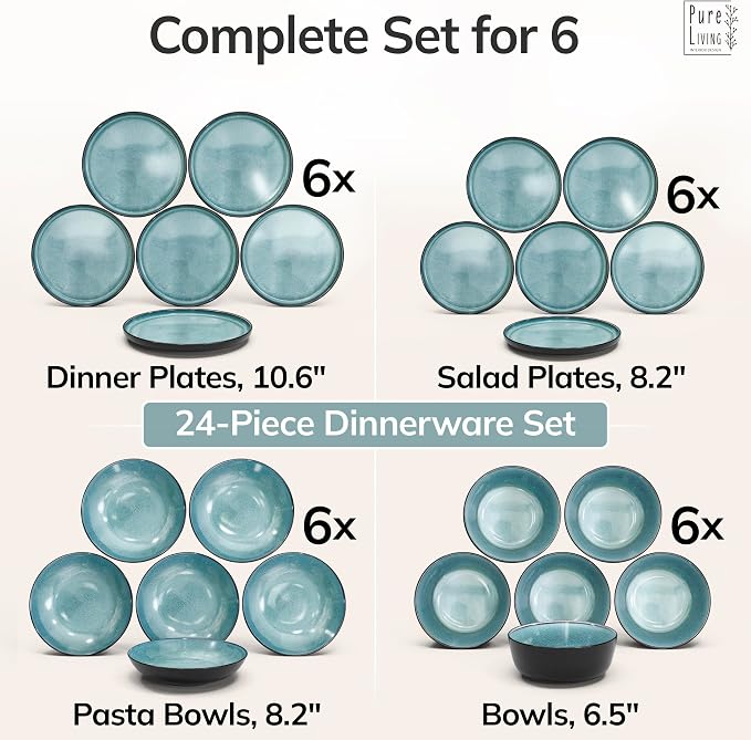 24 Piece Stoneware Dinnerware Set for 6 - Handmade Reactive Glaze Plates and Bowls Set - Chip & Scratch Resistant Dish Set - Dishwasher Microwave Safe - Dark Petrol Blue