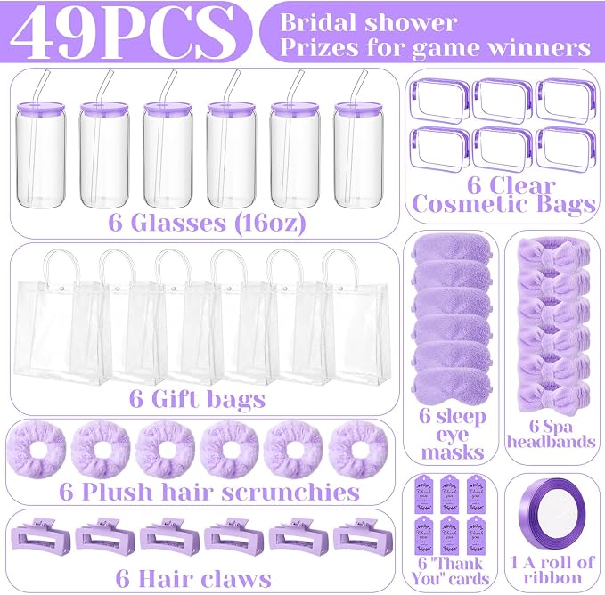 48 Pcs/6 Sets Baby Shower Prizes Winners Include Glass Cans Spa Headband Plush Sleep Eye Mask Hair Claw Clips Clear Cosmetic Bags Baby Shower Player Winner Gifts Bridal Game Gifts(Purple)