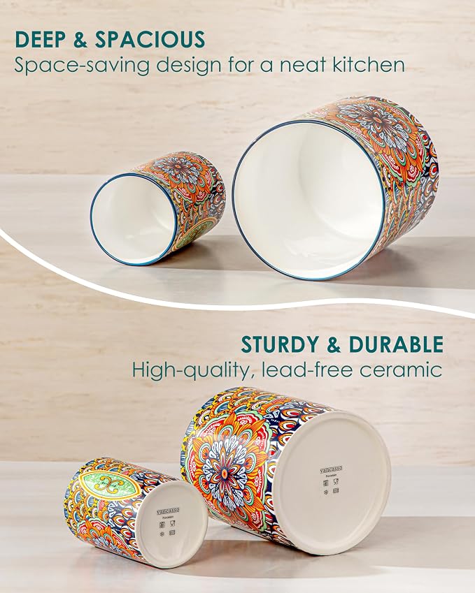 vancasso SIMI Utensil Holder, 7.3"+5.5" Porcelain Kitchen Utensil Holder for Countertop, Bohemian Kitchen Utensil Organizer for Spatulas, Spoons, Ladles, Decorative Counter Utensil Crock, Regal Bloom