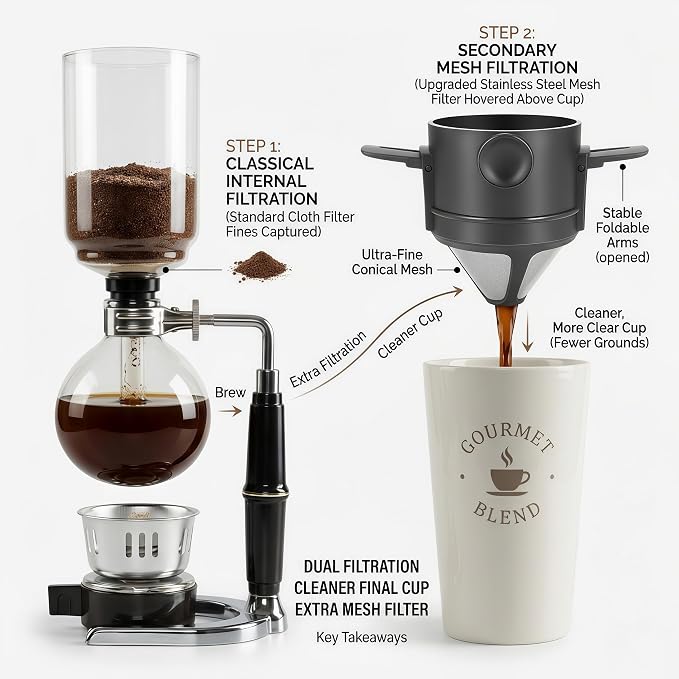 Siphon Coffee Maker, 20 oz Vacuum Brewer with Mesh Filter | Extra-fine mesh filter for cleaner final pour, borosilicate glass, hands-on siphon brewing, rich small-batch coffee