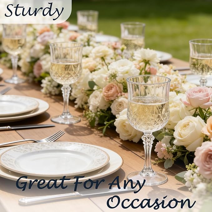 Plastic Wine Glasses, Plastic Goblets Vintage Style Cordial Unbreakable Drinking Glasses, Reusable Drinkware for Wedding Reception, Grand Event Party Supplies (12, Transparent)