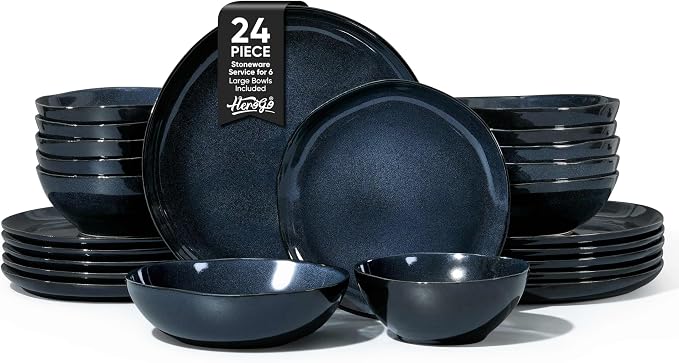 Herogo Stoneware Dinnerware Sets for 6, 24 Piece Ceramic Dinner Dishes Set, Irregular Handmade Plates and Bowls Dishware, Crack and Scratch Resistant, Starry Blue