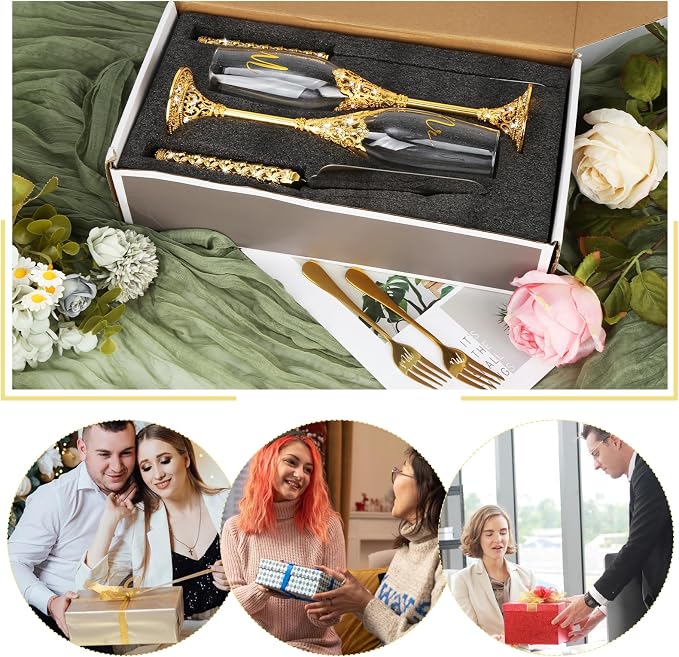 6 PCS Wedding Cake Knife and Champagne Flutes Server Set with Fork Mr and Mrs Champaign Flutes, Bride and Groom Champagne Glasses Crystal Rhinestone Wedding Toasting Glasses Parties