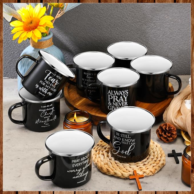 Mifoci Christian Enamel Mugs Gifts Inspirational Coffee Mugs with Handle Bible Verse Religious Camping Cups Church Party Favors for Church Clergy Pastor Men(Black,12 Pcs)
