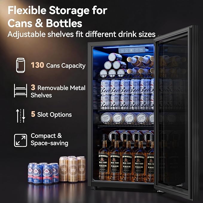 Tehanld Beverage Fridge, 130 Can Mini Fridge With Glass Door, Beverage Cooler Refrigerator, Wine Drink Beer Cooler, Adjustable Shelves & Digital Temperature Display