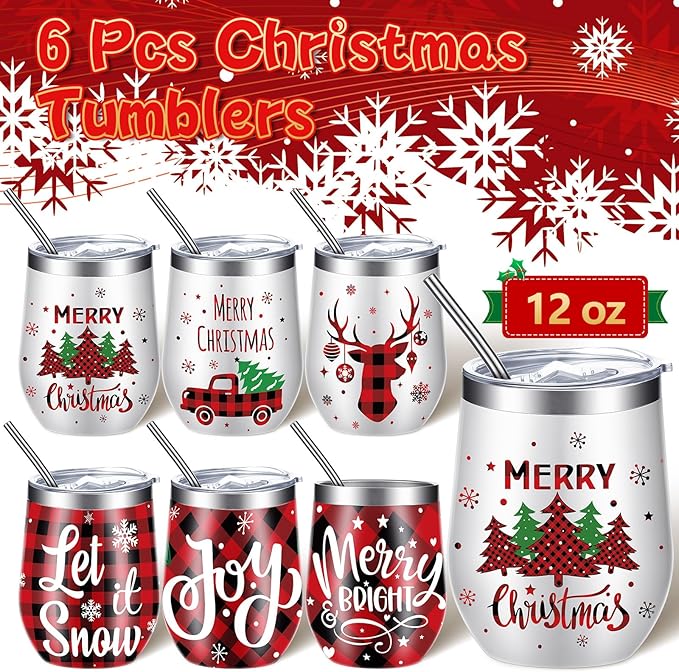 Ziliny 6 Pieces Christmas Wine Tumbler 12 oz Xmas Insulated Stainless Steel Wine Cups with Lid and Straw Funny Coffee Mugs with Brush for Holiday Wedding Party Gifts(Plaid Style)