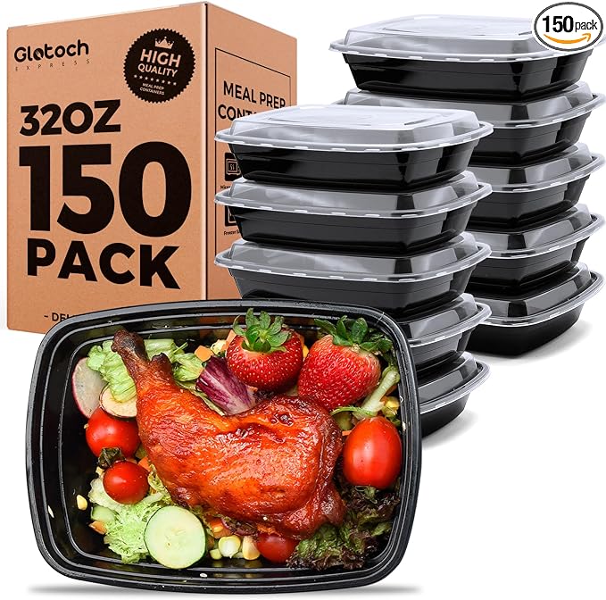 Glotoch Express 32oz 1-Compartment Meal Prep Containers with Lids, Durable BPA-Free Plastic Meal Prep Boxes, Microwave/Freezer/Dishwasher Safe, 150 Pack