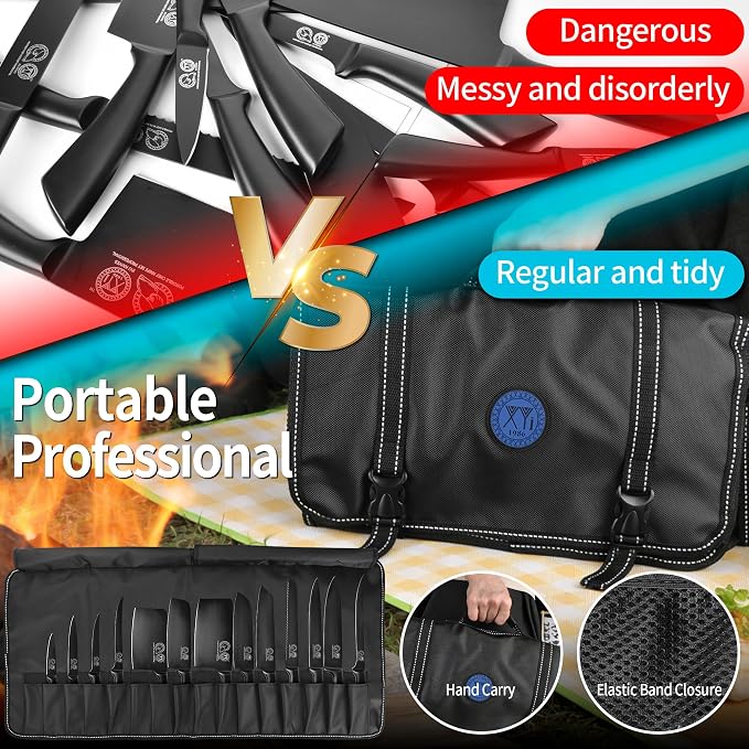 XYJ Knives,Professional Knife Sets for Master Chefs,Meat Cleaver Butcher for Camping,Chef Knife Set with Bag (Full Black)