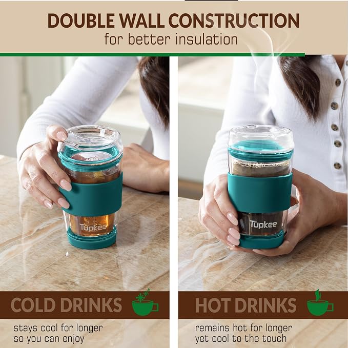 Double Wall Glass Tumbler - 8-Ounce, All Glass Reusable Insulated Tea/Coffee Mug & Lid, Hand Blown Glass Travel Mug - Cyan