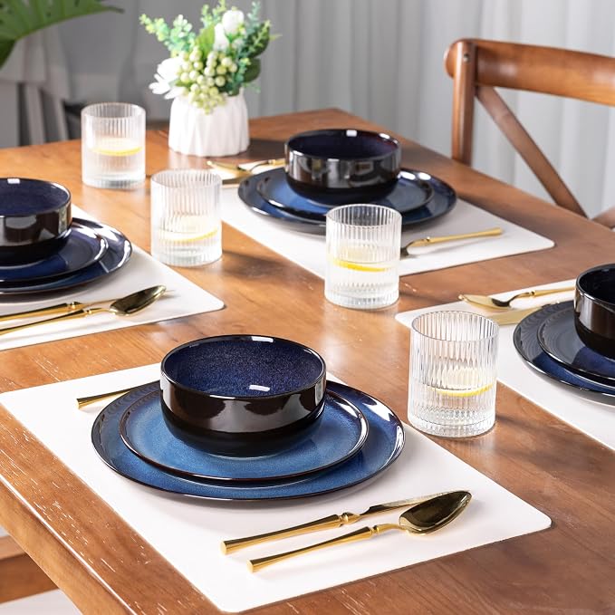 LeRatio Ceramic Dinnerware Sets for 4,Plates and Bowls Sets,Handmade Reactive Glaze Dishes Set,Chip Resistant and Scratch Resistant | Oven&Dishwasher & Microwave Safe,Service for 4