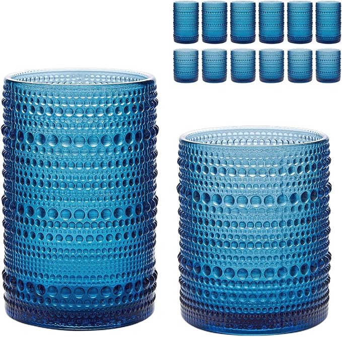 HomeVogue Hobnail Drinking Glasses Set of 12, 12oz & 15oz Vintage Glassware Set Cocktail Glass Set, Embossed Blue Water Tumbler,for Beer, Whiskey,Juice and Various Mixed Drinks (12 Pack-Blue)