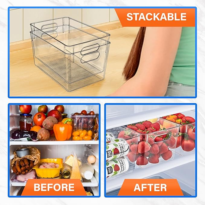 Lifemaster Stackable Refrigerator Bins - Set of 14 Large Capacity Organizers with Easy Grip Handles - Clear and Versatile for Kitchen Storage