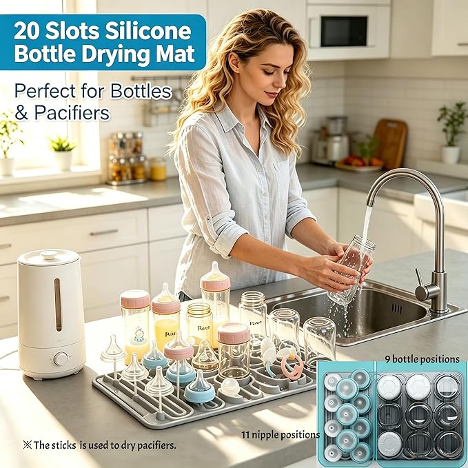 Silicone Baby Bottle Drying Mat, 20 Slots, BPA-Free Non-Toxic, Dishwasher Safe, Foldable Space-Saving Design for Nursery, Kitchen & Travel (Hot Silicone Drying Mat)