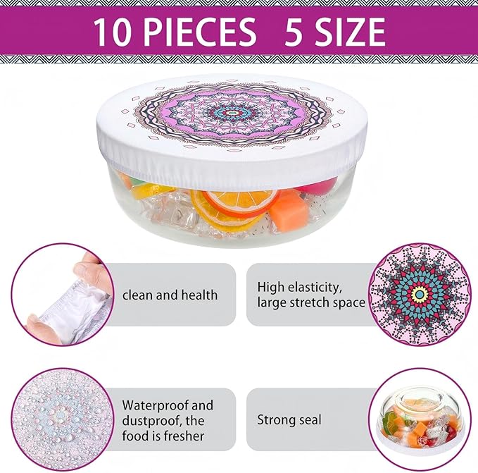 Patelai 10 Pcs Bowl Covers Reusable in 5 Size Stretch Cloth Fabric Elastic Food Storage Bowl Covers Bread Sourdough Lids for Proofing Food Fruits Leftover(Warm Color,Retro Style)