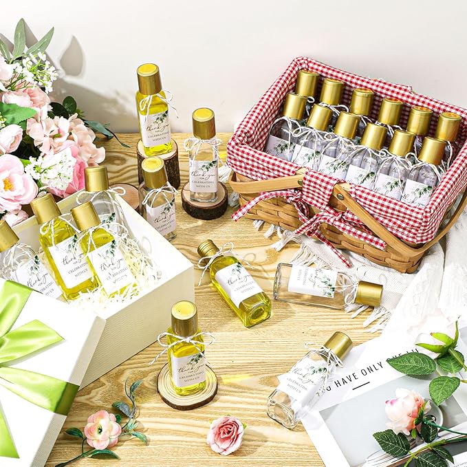 Reallnaive 30 Pack 3 oz Mini Glass Olive Oil Bottles Set, Gold Homemade Wedding Sauce Gift Bottles Leakproof Screw Cap, Thank You Wedding Stickers for Storing Oil Honey Bridal Baby Shower Favors
