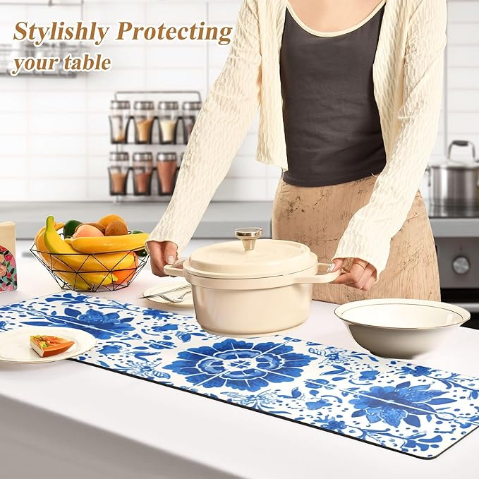 2-in-1 Table Runner Trivet for Hot Dishes Heat Resistant Hot Plate Mat Pad 39x12 Inch Waterproof Table Protector Trivets for Countertop Non Slip Decorative Floral Blue and White Tile