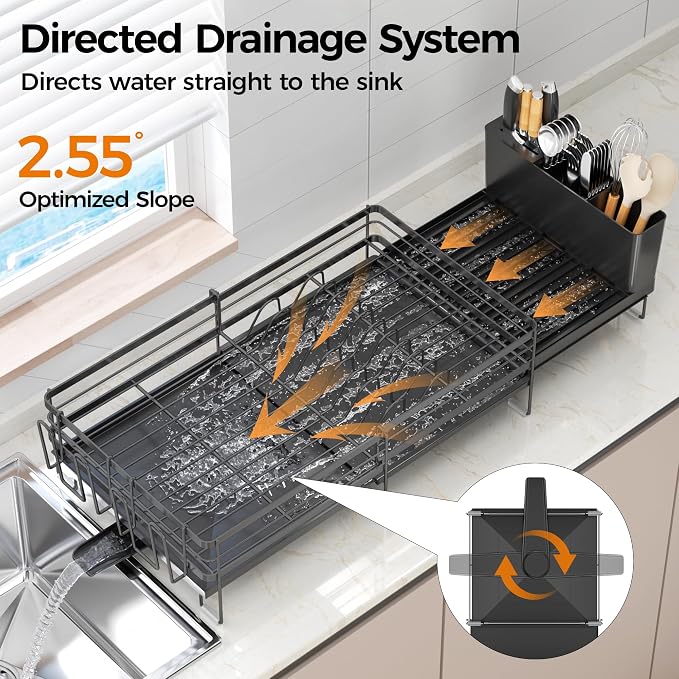 Delamu Stainless Steel Dish Drying Rack, Expandable Dish Drainer, Anti-Rust Large Dish Racks for Kitchen Counter, Dish Strainers with Drainboard, Utensil & Cup Holder, 13.4"-28.7" L x 11.8" W, Black