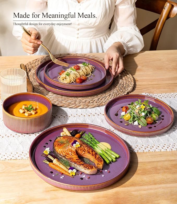 GBHOME 12-Piece Stoneware Dinnerware Set for 4 – Ribbed Ceramic Plates and Bowls, Scratch-Resistant, Microwave & Dishwasher Safe, Reactive Glaze,Purple Gradient