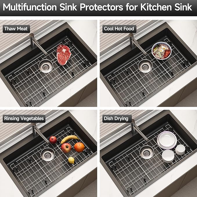 26-1/8’’ x 14-1/8’’ Sink Protectors for Kitchen Sink, Stainless Steel Kitchen Sink Protector, Sink Grate for Bottom of Kitchen Sink with Rear Drain, Sink Grid for Single Bowl Kitchen Sink