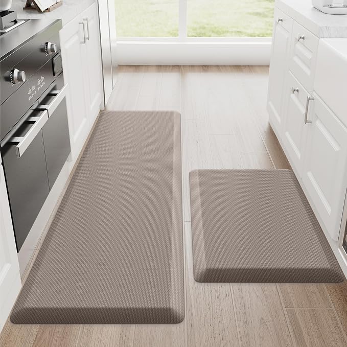 StepRite Kitchen Mats, 2PCS Kitchen Rugs, Cushioned Anti Fatigue Kitchen Mats for Floor, Non-Slip Standing Desk Mat, Waterproof Kitchen Rug Set for Kitchen, 20" x 32"+20" x 48"-Full 1 inch Thick,Khaki