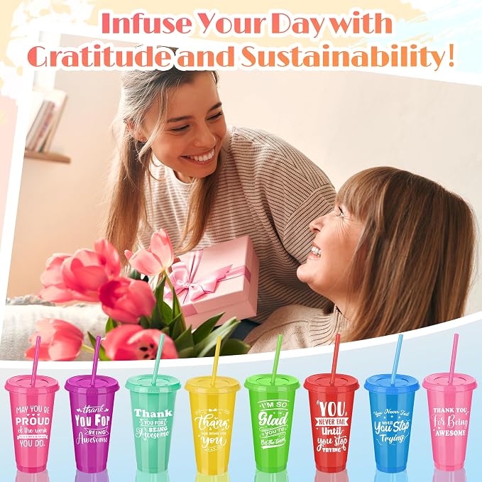 Kochorie 48 Pieces Thank You Cups 24 Oz Inspirational Plastic Tumbler Cup with Lids and Straws Reusable Appreciation Gift Bulk Thank You Gifts for Staff Coworker Teacher Employee, Rainbow