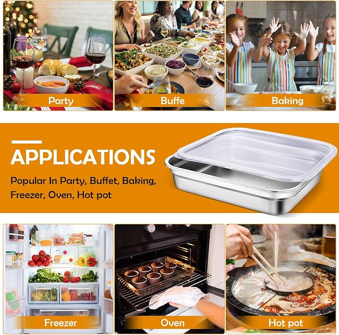 8 Pcs 304 Stainless Steel Food Storage Containers with Lids Hotel Pans Chicken Food Grade Pans Metal Meal Containers for Restaurant Stackable Kitchen Freezer Buffet (2.6 Inch Deep)
