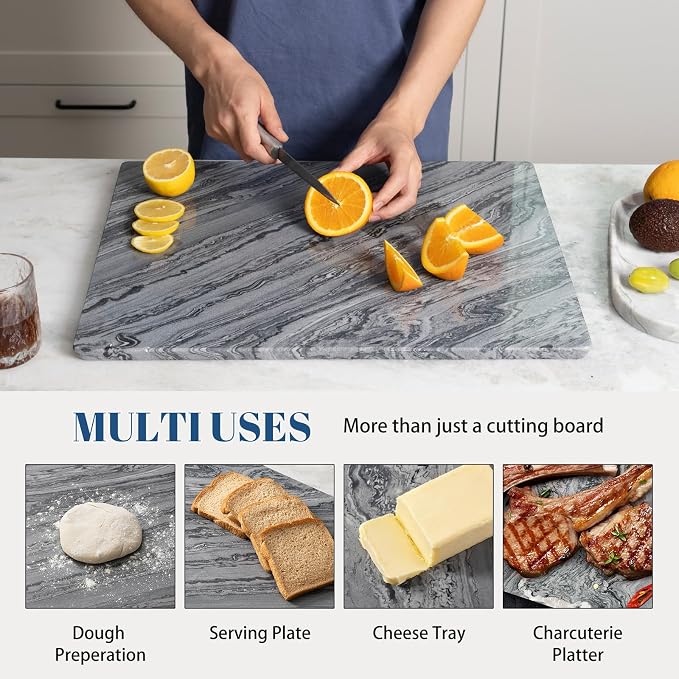 Koville Marble Cutting Board for Kitchen, 20x16 Inches Large Marble Slab Cheese Board, Rectangular Serving Board for Baking Charcuterie Pastry, Natural Stone Board for Countertop(Monte Grigio)