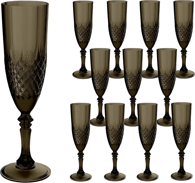 Plastic Champagne Flutes, Champagne Glasses Bulk, Reusable Unbreakable Acrylic Wine Glasses Goblets for Weddings Bachelor Parties Toasting Bridal Shower (12, Black)