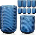 Set of 8 Ribbed Glassware,4 Highball Glasses 14oz & 4 Rocks Drinking Glasses 9oz, Origami Style, Fluted Design, for Milk, Water, Cocktail, Juice, Beer, ToothBrush Cup, Gif (Leaning Blue)