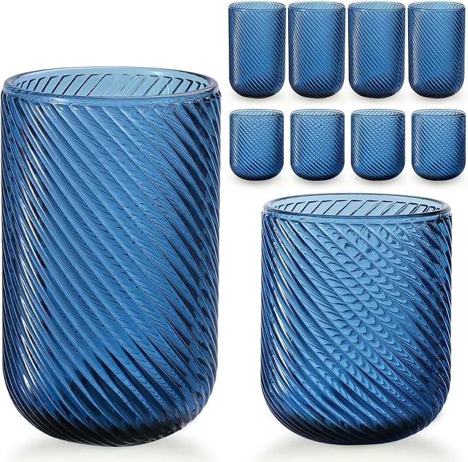 Set of 8 Ribbed Glassware,4 Highball Glasses 14oz & 4 Rocks Drinking Glasses 9oz, Origami Style, Fluted Design, for Milk, Water, Cocktail, Juice, Beer, ToothBrush Cup, Gif (Leaning Blue)