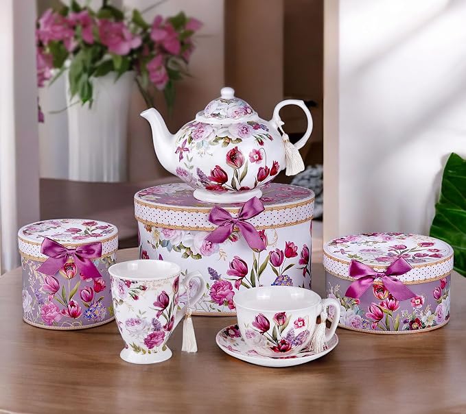 STP GOODS Bone China Tea/Coffee Cup and Saucer in Gift Box Fine Bone China Coffee Cup with Saucer Tea Cup and Saucer Set of One (Flowers 300ml)