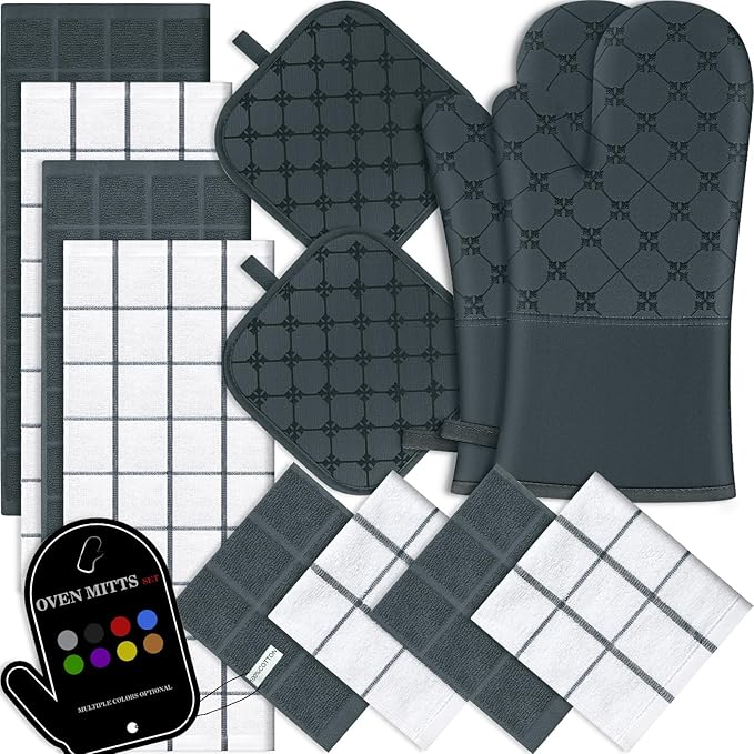 Oven Mitts Kitchen Towels Dishcloths with Pot Holders Sets 12PCS,Dish Towels Sets,Oven Gloves Pot Pads Heat Resistant 500 Degrees with Non-Slip Silicone Surface for Cooking Baking Grilling-Deep Green