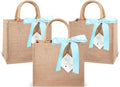 6 Pack Burlap Tote Bags with Handles Reusable Medium Jute Gift Bags with Blue Silk Ribbons Waterproof Lining for Wedding Bridesmaid Mother's Day Bachelorette Beach Party